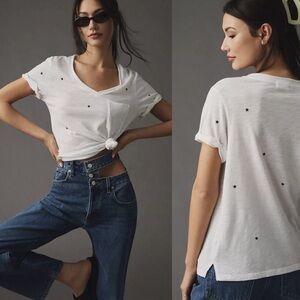 Anthropologie t.la White Star Embroidered Short Sleeve V-Neck T-Shirt NWT size M